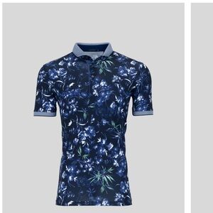 Greyson - Dark Floral Polo - NWOT - Size Medium. Color: Maltese Blue